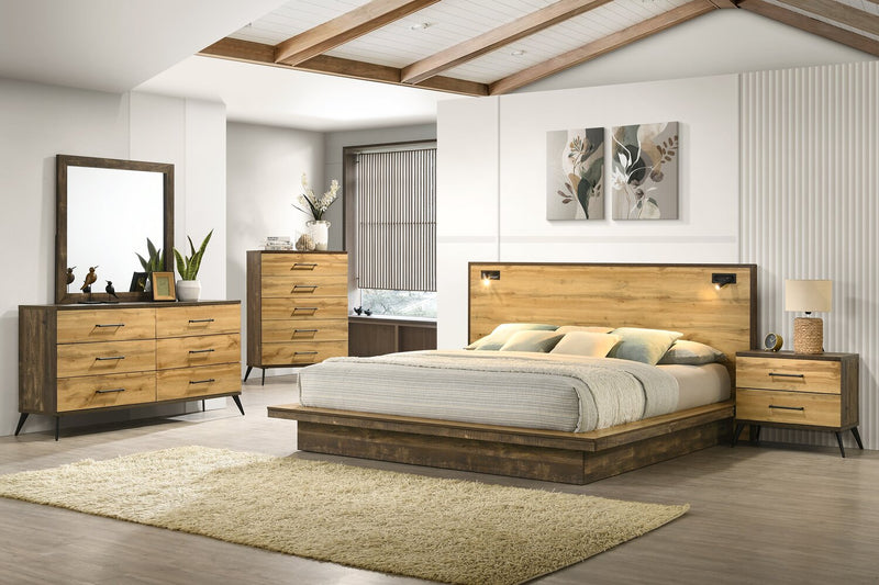 Silas 6pc Bedroom Set with Platform Bed, Dresser, Mirror & Nightstand, LED, Rustic Brown - King Size