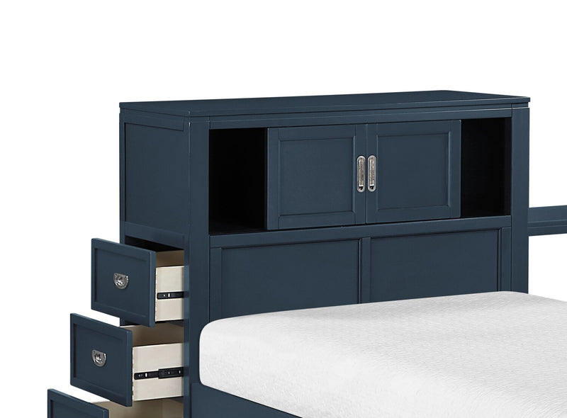 Quinn Platform Bed with Bookcase Headboard, Built-in Desk & Stool, Blue - Twin Size