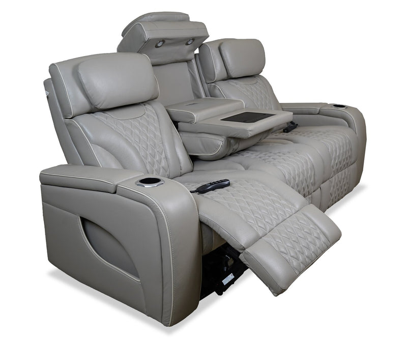 Elite 86\" Genuine Leather Massage Power Reclining Sofa with Immersive Audio and Power Headrests - Putty
