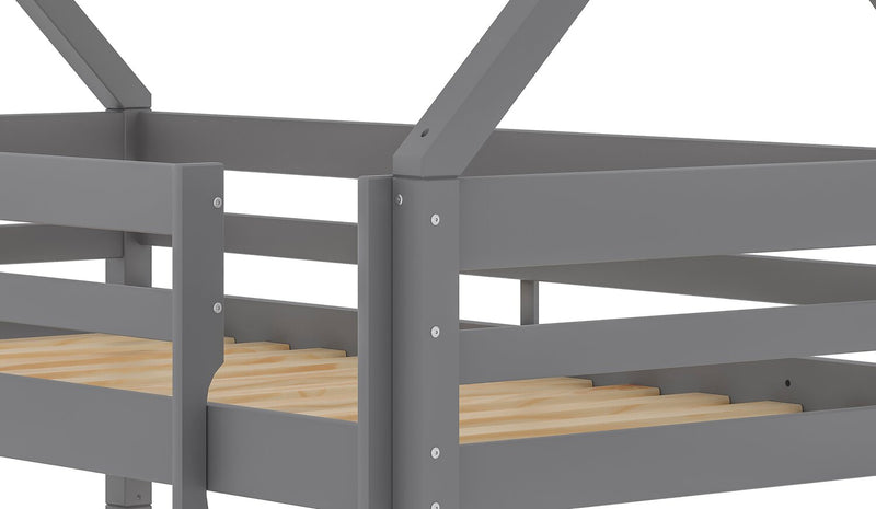 Gemma Twin Over Twin House Bunk Bed with Roof, Built-in Ladder & Guardrails for Kids - Grey