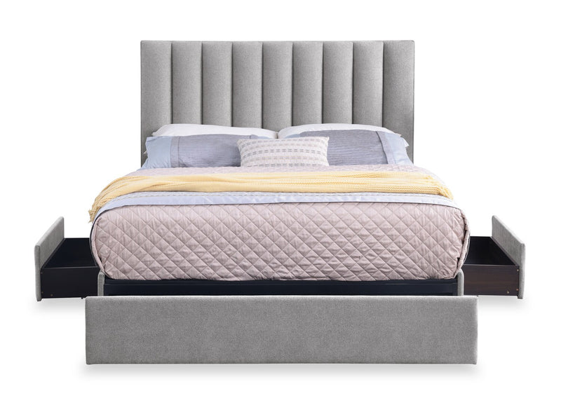 Amos Upholstered Storage Bed in Grey Fabric with Channelled Headboard & 3 Built-in Drawers - King Size