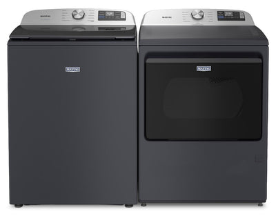 Maytag 6.0 Cu. Ft. Smart Top-Load Washer and 7.4 Cu. Ft. Gas Dryer – Midnight Steel  | Laveuse intelligente à chargement par le haut de 6,0 pi3 et sécheuse à gaz de 7,4 pi3 de Maytag - acier minuit