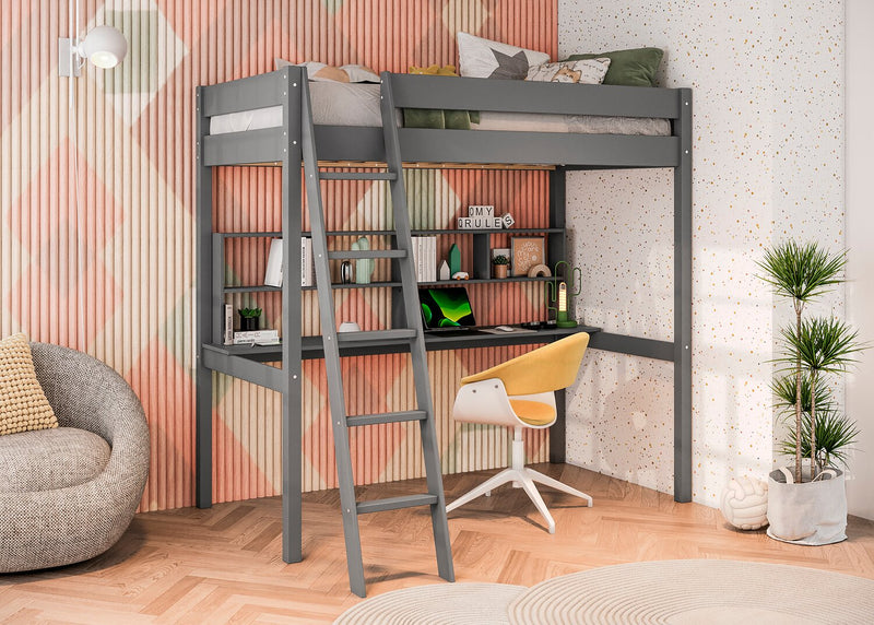 Brody Loft Bed with Built-in Desk, Ladder & Guardrails for Kids & Teens, Grey - Twin Size