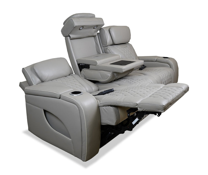 Elite 86\" Genuine Leather Massage Power Reclining Sofa with Immersive Audio and Power Headrests - Putty
