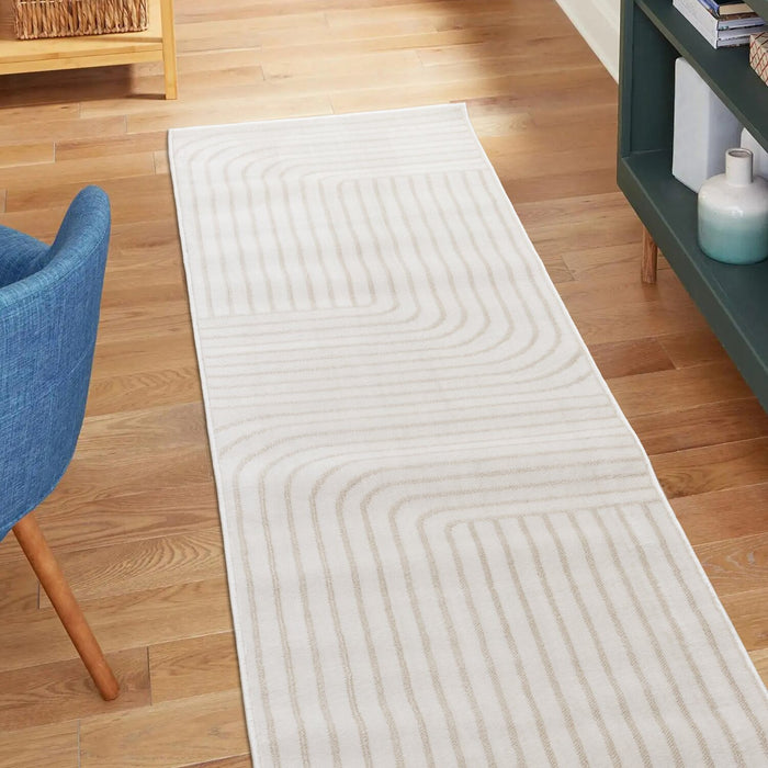 Fresh Washable Beige Rug with Modern Lines - 2'0\" x 6'7\" 