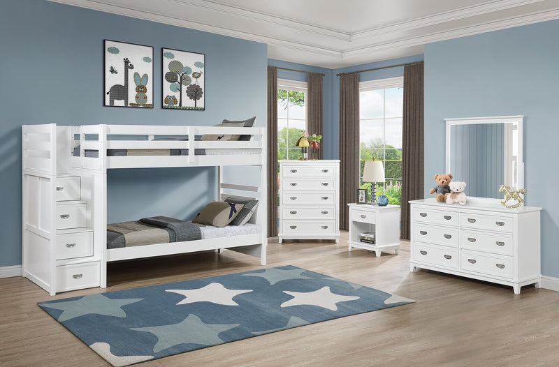 Quinn Bunk Bed with Built-in Staircase Dresser & Guard Rail for Kids, White - Twin/Twin