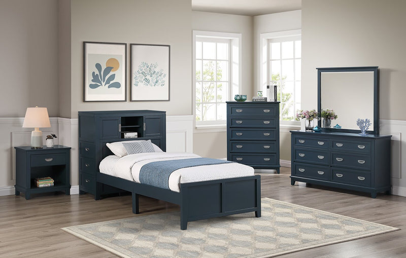 Quinn Platform Bed with Bookcase Headboard, Built-in Desk & Stool, Blue - Twin Size