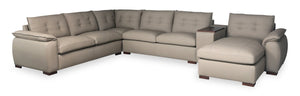 Raya Modular 5-Piece Right-Facing Genuine Leather Sectional with Storage Console and Wood Legs - Stone Beige