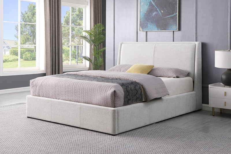 Nico Upholstered Storage Platform Bed in Polyester Taupe Fabric, Hyrdraulic Lift  - King Size