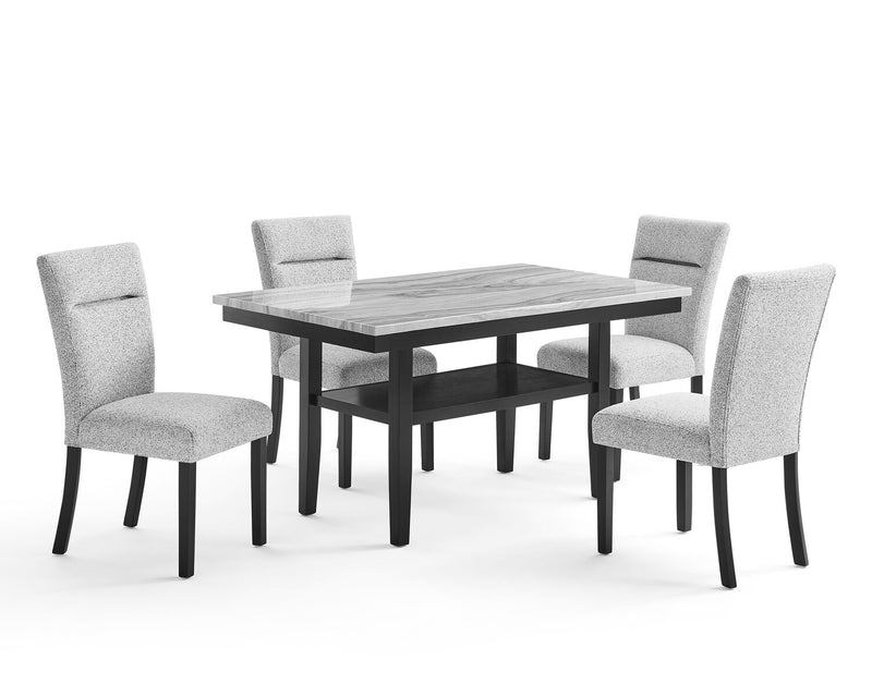 Libra Dining Table with Marble-Look Top & Storage Shelf, 60\"W- Black/Grey
