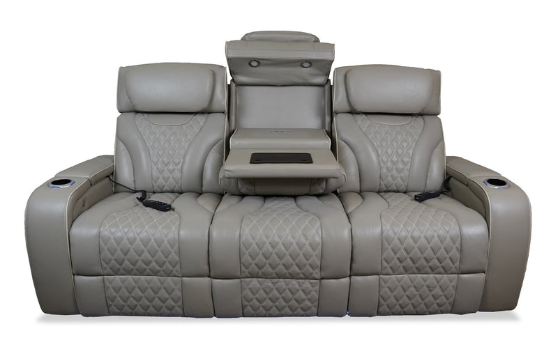 Elite 86\" Genuine Leather Massage Power Reclining Sofa with Immersive Audio and Power Headrests - Putty