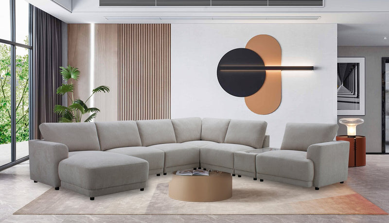 Voyage Modular 7-Piece Left-Facing Fabric Sectional with Console and Removable Back Cushions – Beige