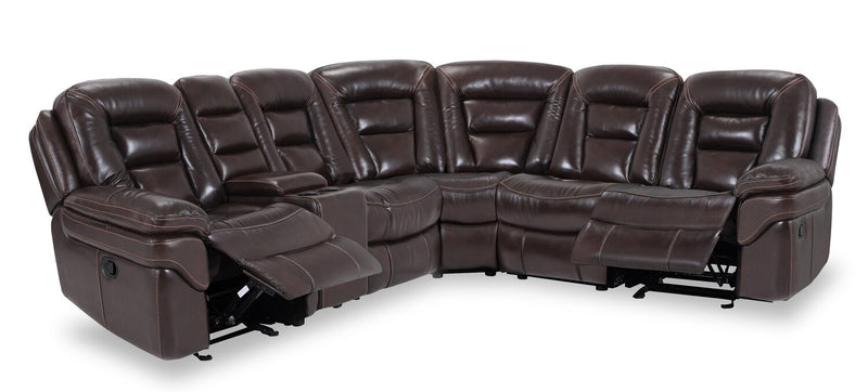 Leo 6-Piece Genuine Leather Reclining Sectional with Storage Console and Dual Cupholders - Walnut Brown