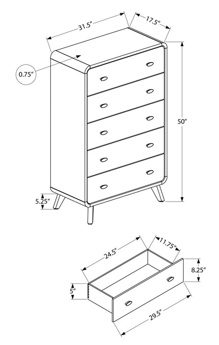Cami Bedroom Chest of Drawers, 5-Drawer, Mid-Century Modern, 31.5\"W x 50\"H - Grey Oak