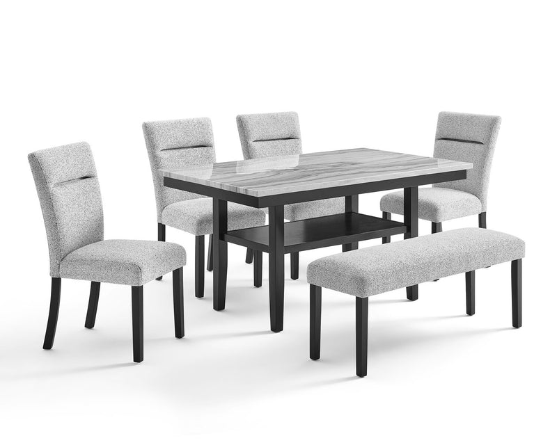 Libra Dining Table with Marble-Look Top & Storage Shelf, 60\"W- Black/Grey