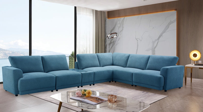 Voyage Modular 7-Piece Fabric Sectional with Console and Removable Back Cushions – Blue
