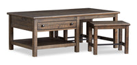 Edwin 52” Country Pine Coffee Table with Storage and Stools - Homestead Brown 