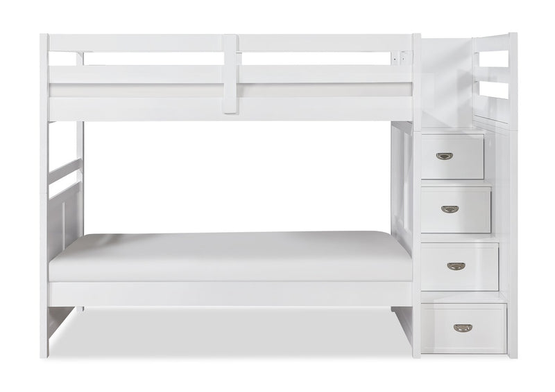 Quinn Bunk Bed with Built-in Staircase Dresser & Guard Rail for Kids, White - Twin/Twin