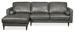 Edge 2-Piece Left-Facing Genuine Leather Sectional with Wood Legs and Removable Back Cushions - Grey