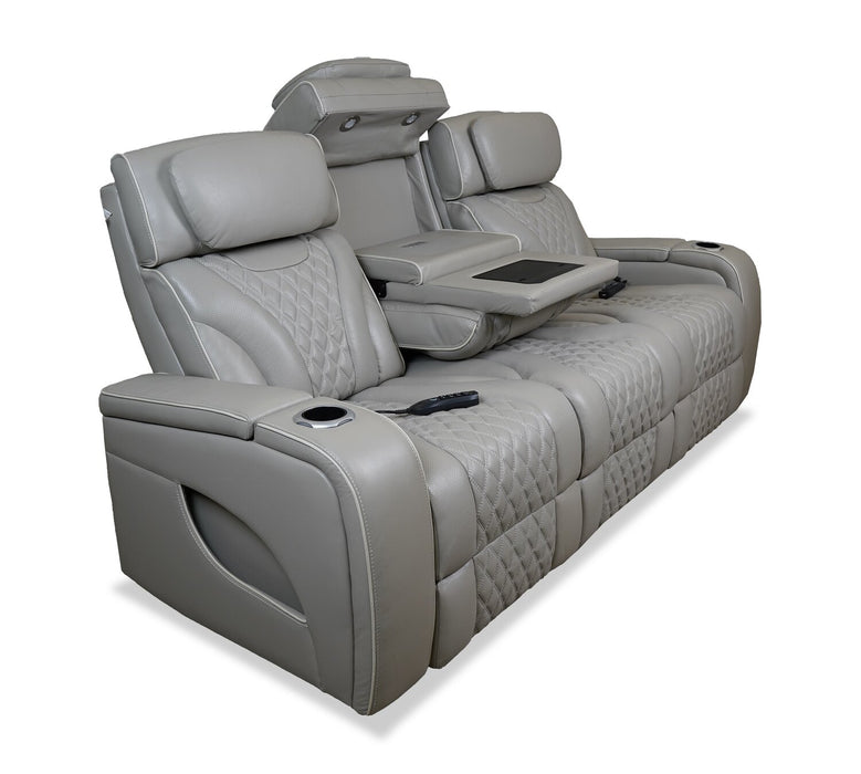 Elite 86\" Genuine Leather Massage Power Reclining Sofa with Immersive Audio and Power Headrests - Putty