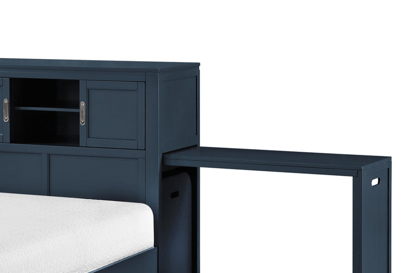 Quinn Platform Bed with Bookcase Headboard, Built-in Desk & Stool, Blue - Full Size