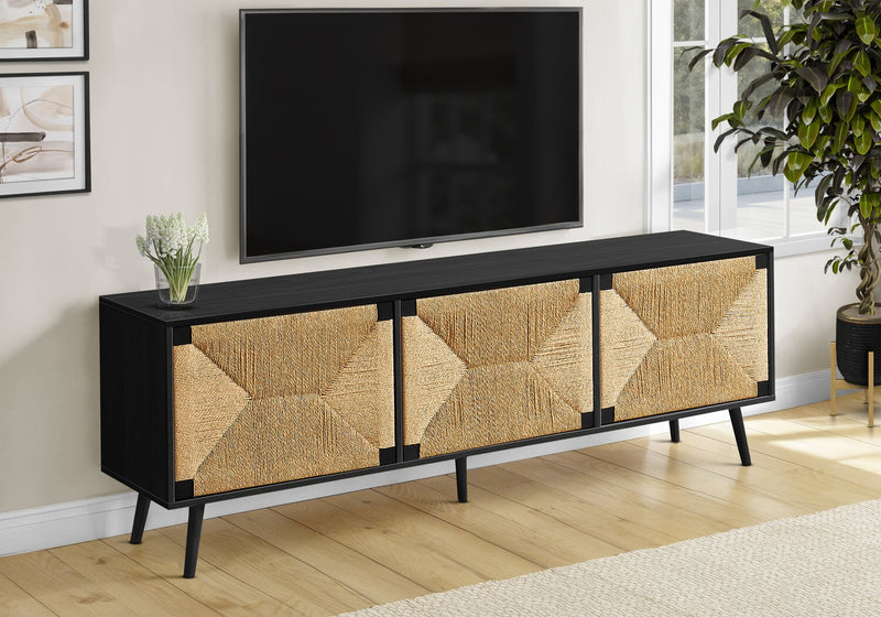 Jersey 71\" Tv Stand with Seagrass-Look Cabinet Doors for TVs up to 70\" - Black