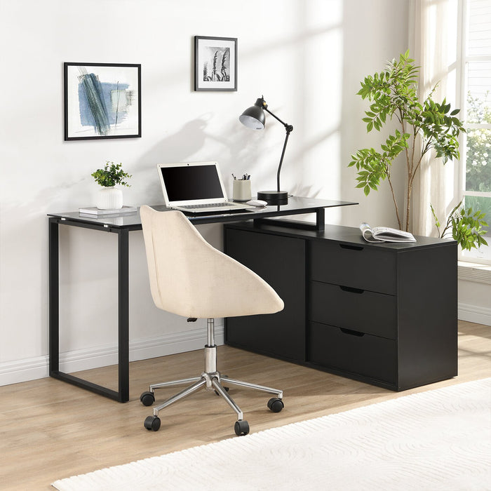Daniel 55.11\" Glass-Top L-Shaped Desk with Storage - Black