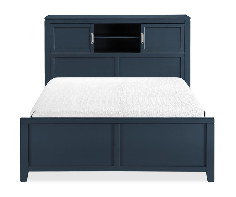Quinn Platform Bed with Bookcase Headboard, Built-in Desk & Stool, Blue - Full Size