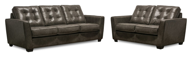 Clark 85\" Genuine Leather Sofa with Button Tufting – Charcoal 