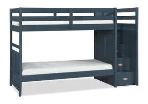 Quinn Bunk Bed with Built-in Staircase Dresser & Guard Rail for Kids, Blue - Twin/Twin