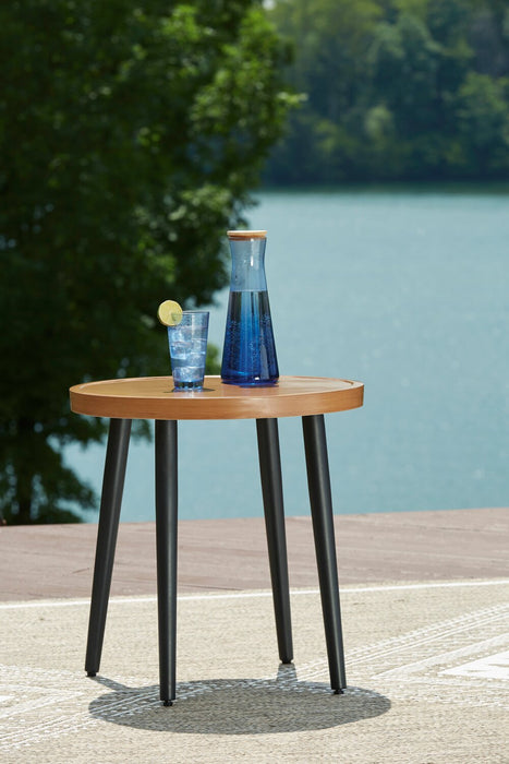 Tofino Outdoor Patio Round End Table - 22\"W, Aluminum, UV & Weather Resistant - Brown/Black