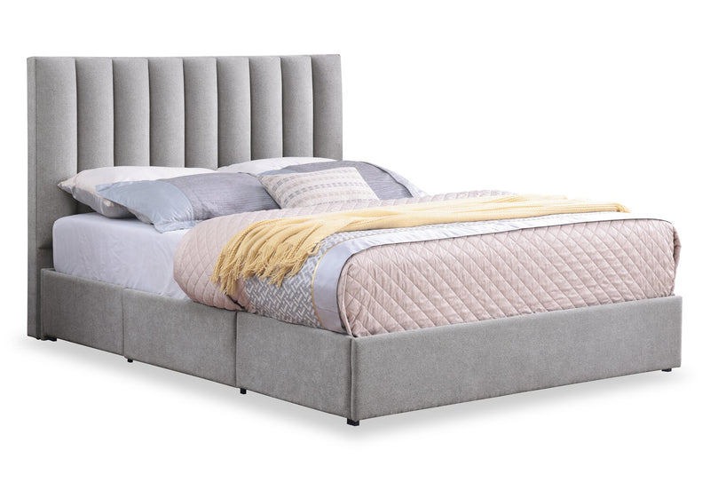 Amos Upholstered Storage Bed in Grey Fabric with Channelled Headboard & 3 Built-in Drawers - Queen Size