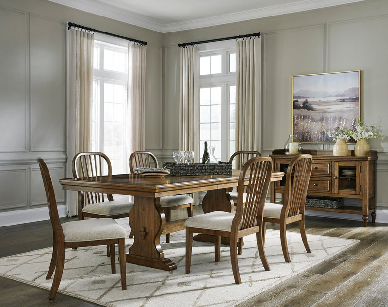 Clara 7pc Dining Set with Table & 6 Chairs, 68-86\"W Extension, Trestle Base - Brown