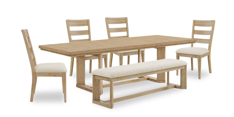 Aspen 6pc Dining Package with 80-104\"Extension Table, Bench & 4 Chairs, Fabric - Natural