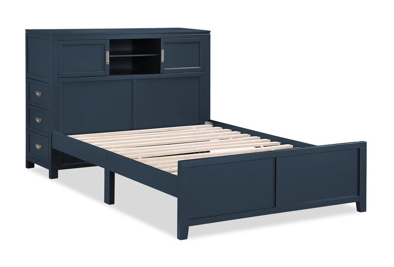 Quinn Platform Bed with Bookcase Headboard, Built-in Desk & Stool, Blue - Full Size