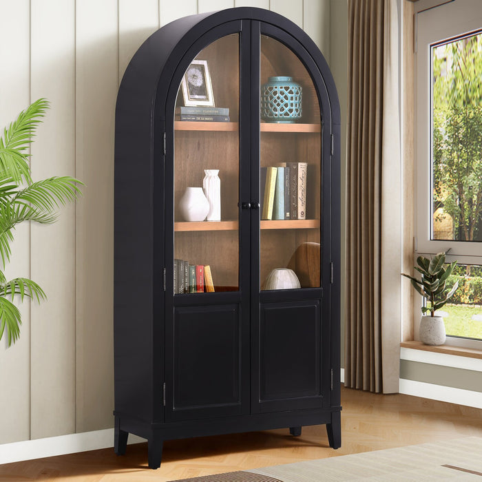 Kort & Co Aeris 36\" Arched Curio Cabinet with Glass Doors – Matte Black and Natural Oak 