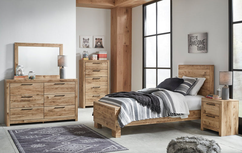Derekson 6pc Bedroom Set with Panel Bed, Dresser, Mirror & Nightstand for Kids, Natural - Twin Size