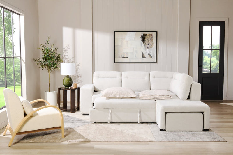 Coast 3-Piece Right-Facing Ivory White Fabric Sleeper Sectional with Storage Chaise and Storage Armrest