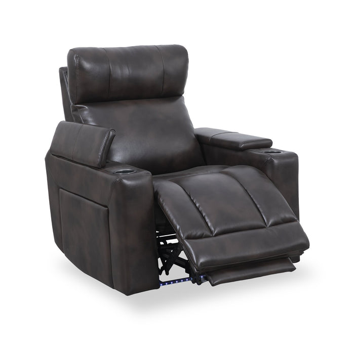 Scott Living Escape 39\" Power Reclining Chair with Power Headrest and Surround Sound - Dark Brown Leather-Look Fabric
