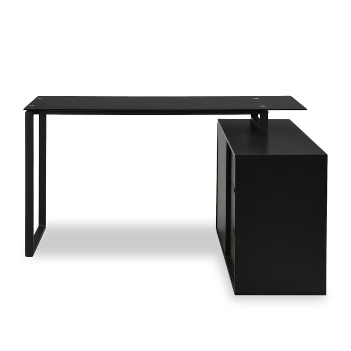 Daniel 55.11\" Glass-Top L-Shaped Desk with Storage - Black