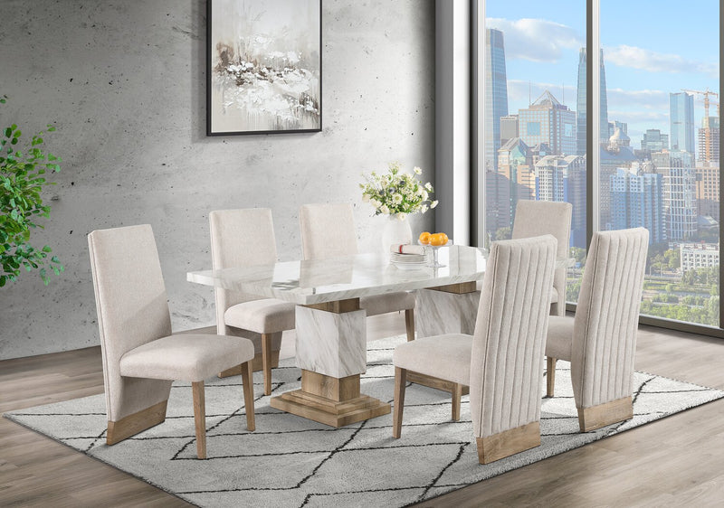Vega Dining Chair with Polyester Fabric, Wood, Channeled Tufting - Natural