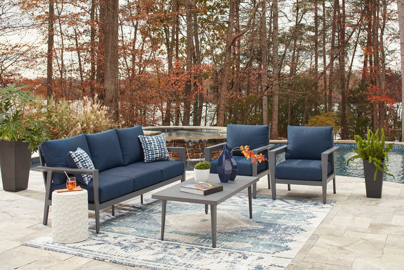 Barrie 4-Piece Outdoor Patio Set with Sofa, 2 Chairs and Table - Aluminum, UV & Weather Resistant  - Blue & Grey