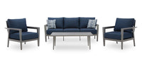 Barrie 4-Piece Outdoor Patio Set with Sofa, 2 Chairs and Table - Aluminum, UV & Weather Resistant  - Blue & Grey 