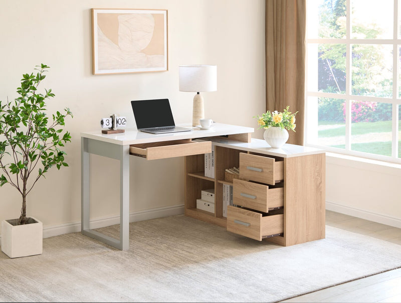 Owen 55\" Reversible Corner Office Desk with 4-Drawers & Cubbies – Faux White Marble and Weathered White