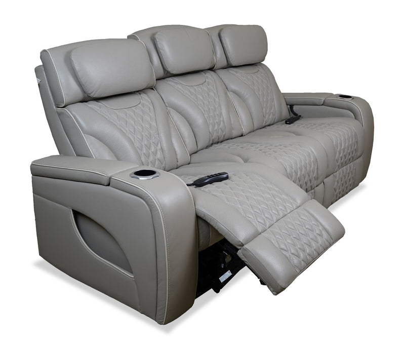 Elite 86\" Genuine Leather Massage Power Reclining Sofa with Immersive Audio and Power Headrests - Putty
