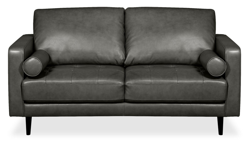 Edge 70\" Genuine Leather Loveseat with Wood Legs and Removable Back Cushions - Grey