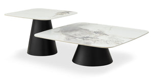 Hazel 39.5” Modern 2-Piece White Sintered Stone Top Coffee + End Table - Black and White