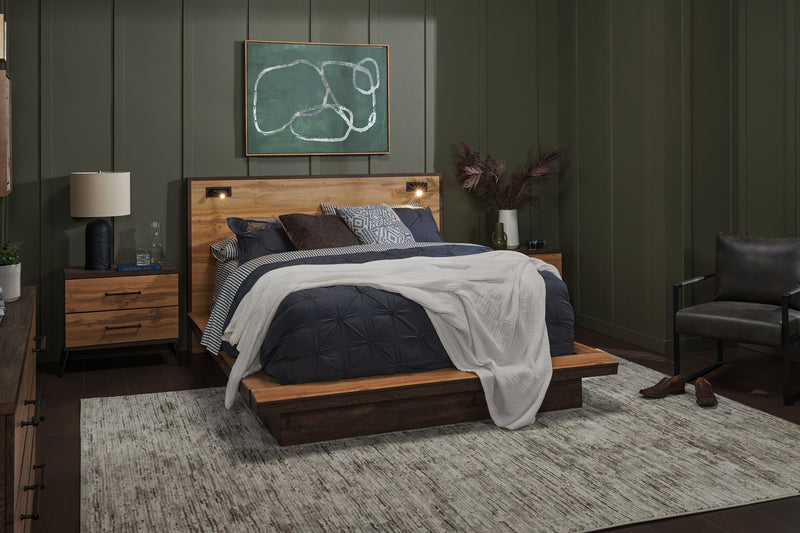 Silas Platform Bed with Headboard & Frame, LED, Rustic Brown - Queen Size
