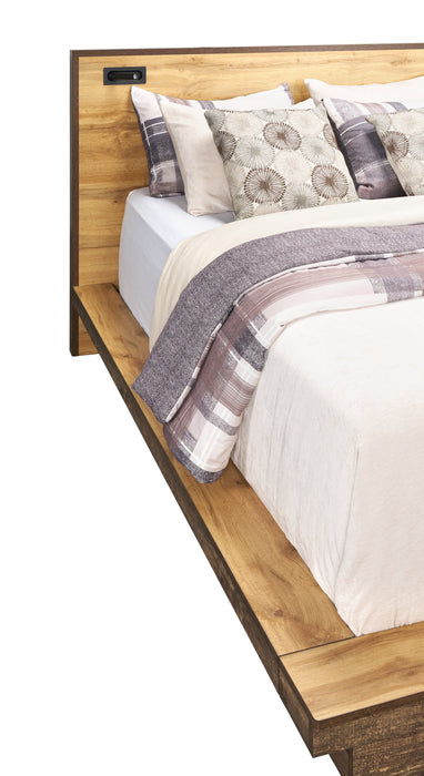 Silas Platform Bed with Headboard & Frame, LED, Rustic Brown - Queen Size