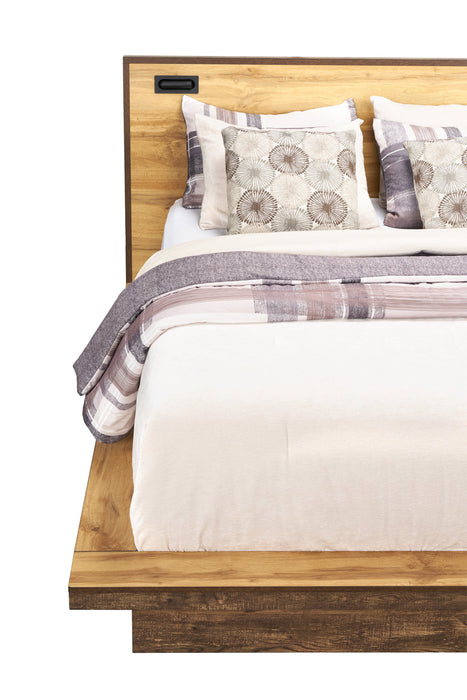 Silas Platform Bed with Headboard & Frame, LED, Rustic Brown - Queen Size